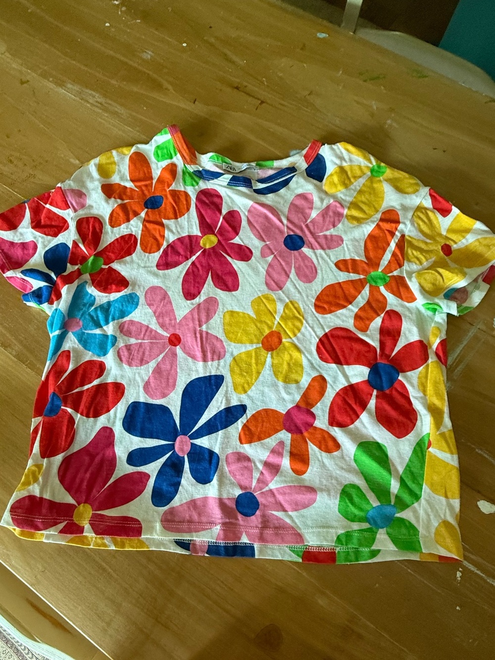 Zara White Tee with Bright Multicolor Floral Print